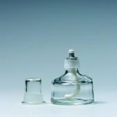 Spiritusbrenner, Glas, mit Docht und Abdeckkappe